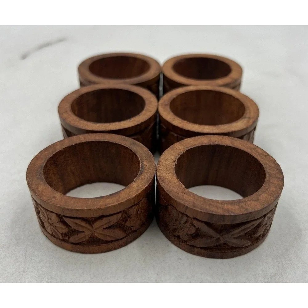Vintage Hand Carved Wood Napkin Rings Set of 6 Floral Leaf Brown Boho Rustic